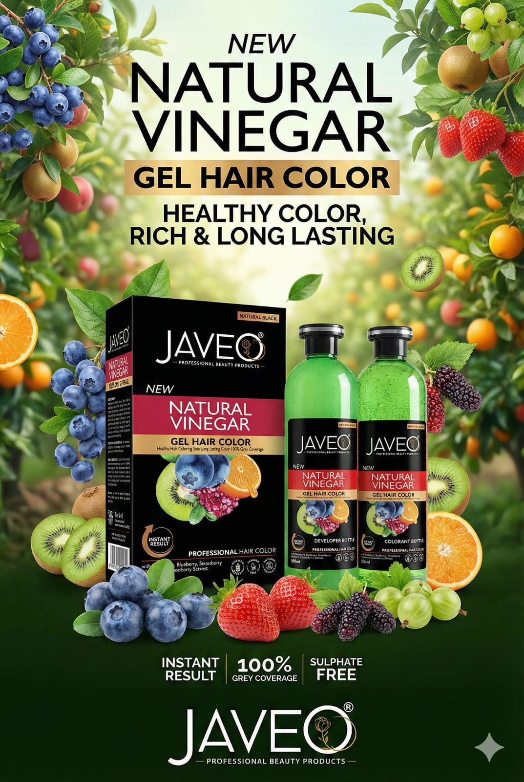 Javeo Natural Fruit Vinegar Hair Color, Natural Black Color Dye for Hair Care, Natural Ammonia Free Color Dye (500ml x 2) | Made In India
