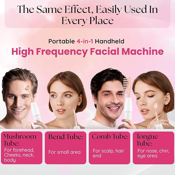 Portable High Frequency Facial Machine | Portable 4-in-1 Handheld High Frequency Wand for Hair and Face | Use For Acne Spot Care, Skin Tightening, Wrinkles, Puffy Eyes & Dark Circles - Image 5